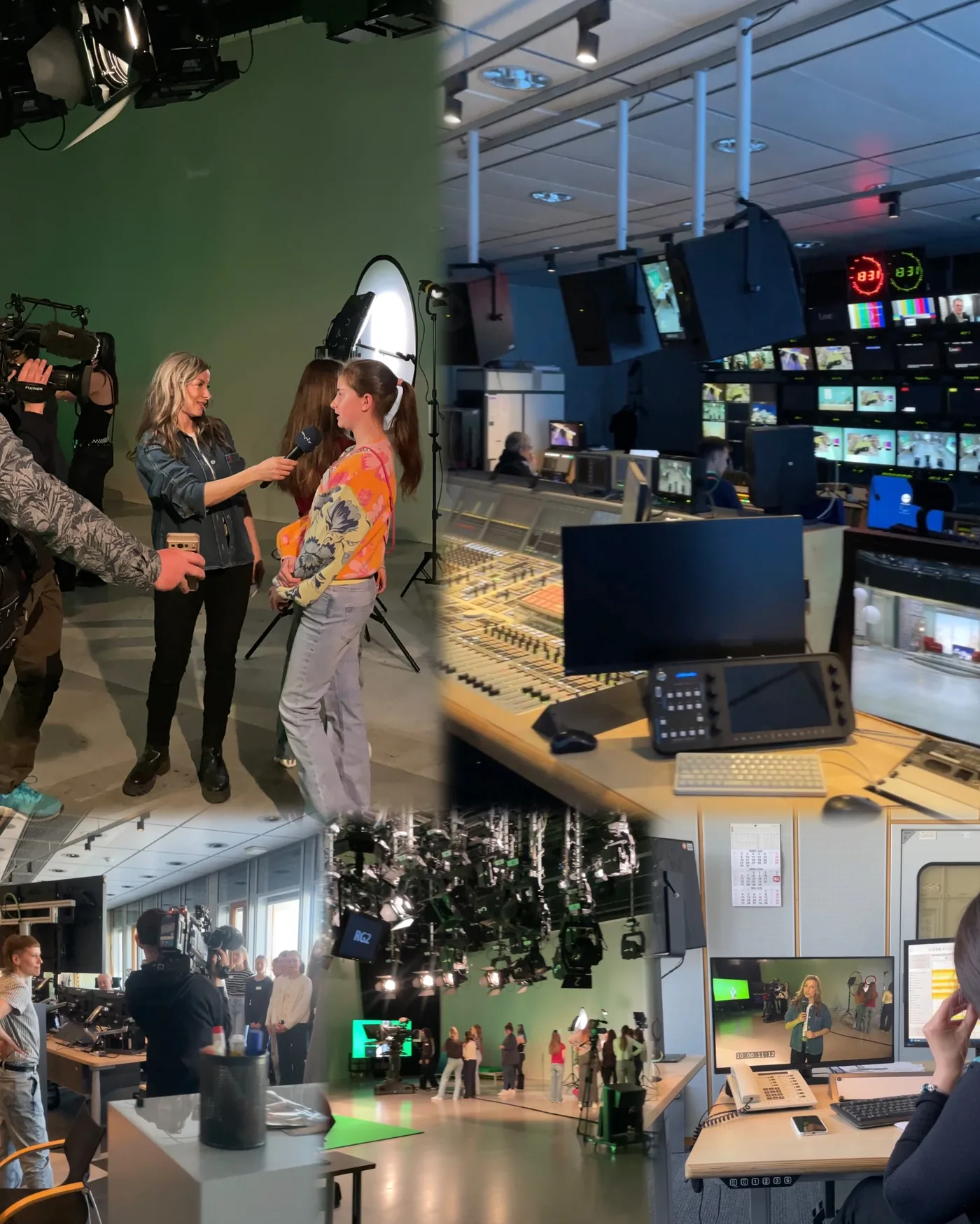 Collage vom Girls’Day beim MDR Leipzig mit Interview, Fernsehstudio, Kamera und Bildregie.