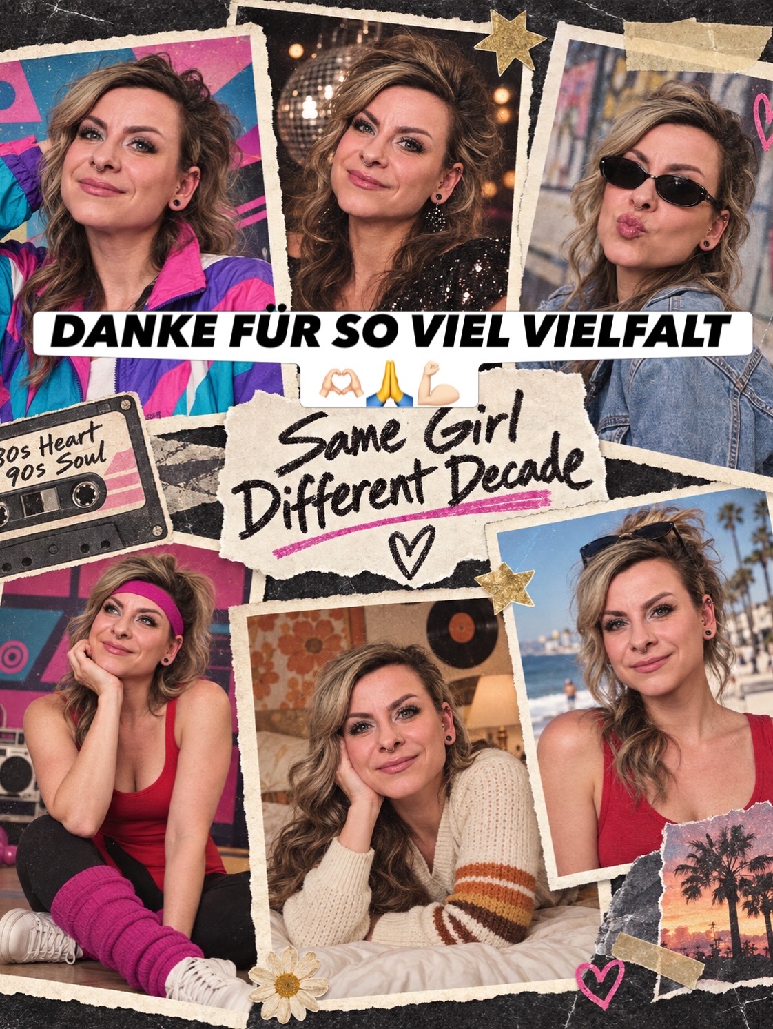 KI-generierte Collage von Jenna von Thäne in verschiedenen Jahrzehnt-Looks